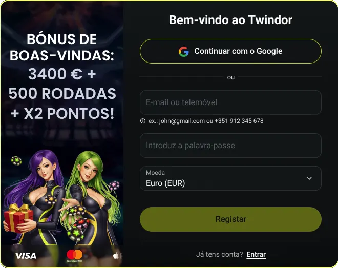 Registo no Twindor — bónus de boas-vindas 3400 € + 500 rodadas grátis + x2 Registo no Twindor — bónus de boas-vindas 3400 € + 500 rodadas grátis + x2