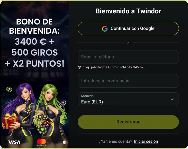 Registro en Twindor — bono de bienvenida 3400 € + 500 giros gratis + x2 Registro en Twindor — bono de bienvenida 3400 € + 500 giros gratis + x2